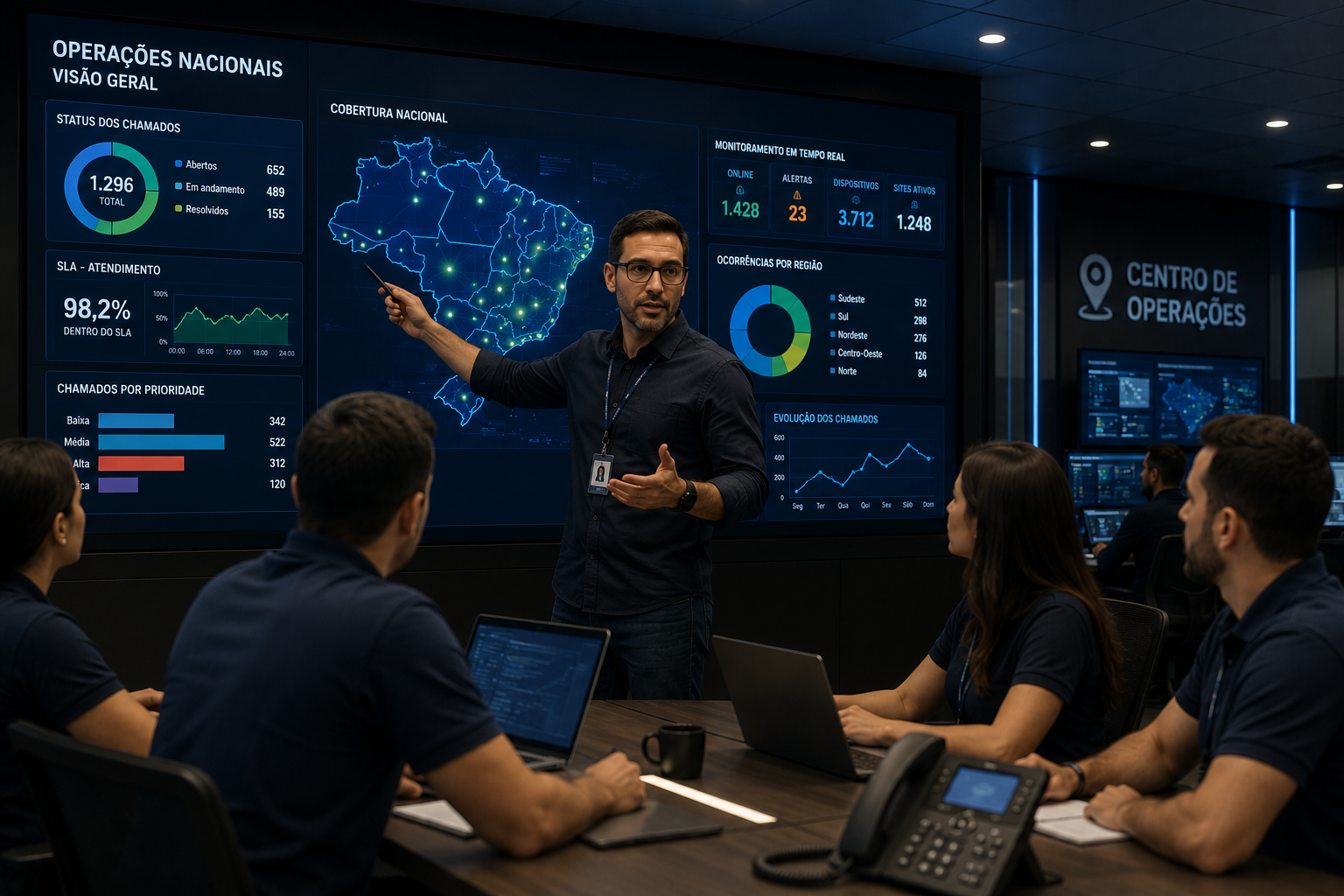 Centro de operações nacionais da R&S Informática com monitoramento de cobertura no Brasil